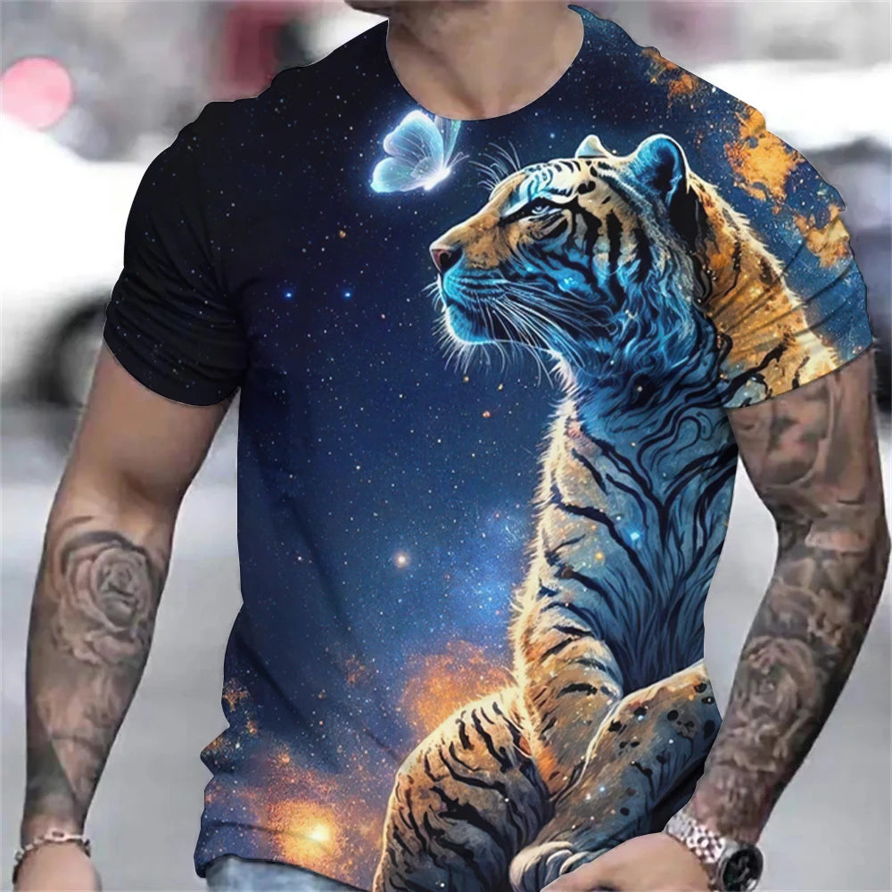 Tiger Print T-Shirt 3D Animal Men's Shirts Summer Short Sleeved Male Pullover Oversized T-shirts Casual Tops Tees Men Clothing