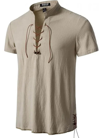 Men's Pure Cotton Retro Lace Up Shirts, Renaissance Pirate Viking Medieval Style, T-shirt for daily leisure and Halloween stage