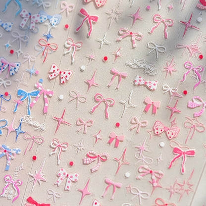 Thin and Tough Nails Sticker 3D Cute Pink Starry Sky Nail Art Stickers Long Bows Ribbon Self Adhesive Nail Decoration Decals DIY
