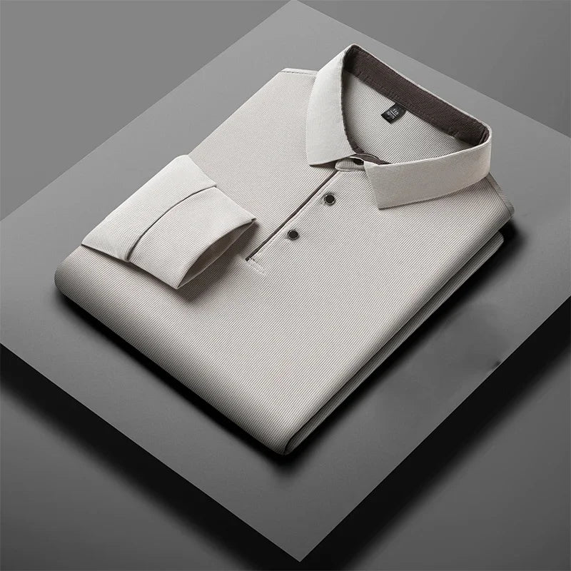 New Men's Business Casual  Long Sleeve Solid Color Polo Shirt Fashionable Warm Comfortable Four Seasons Versatile Top