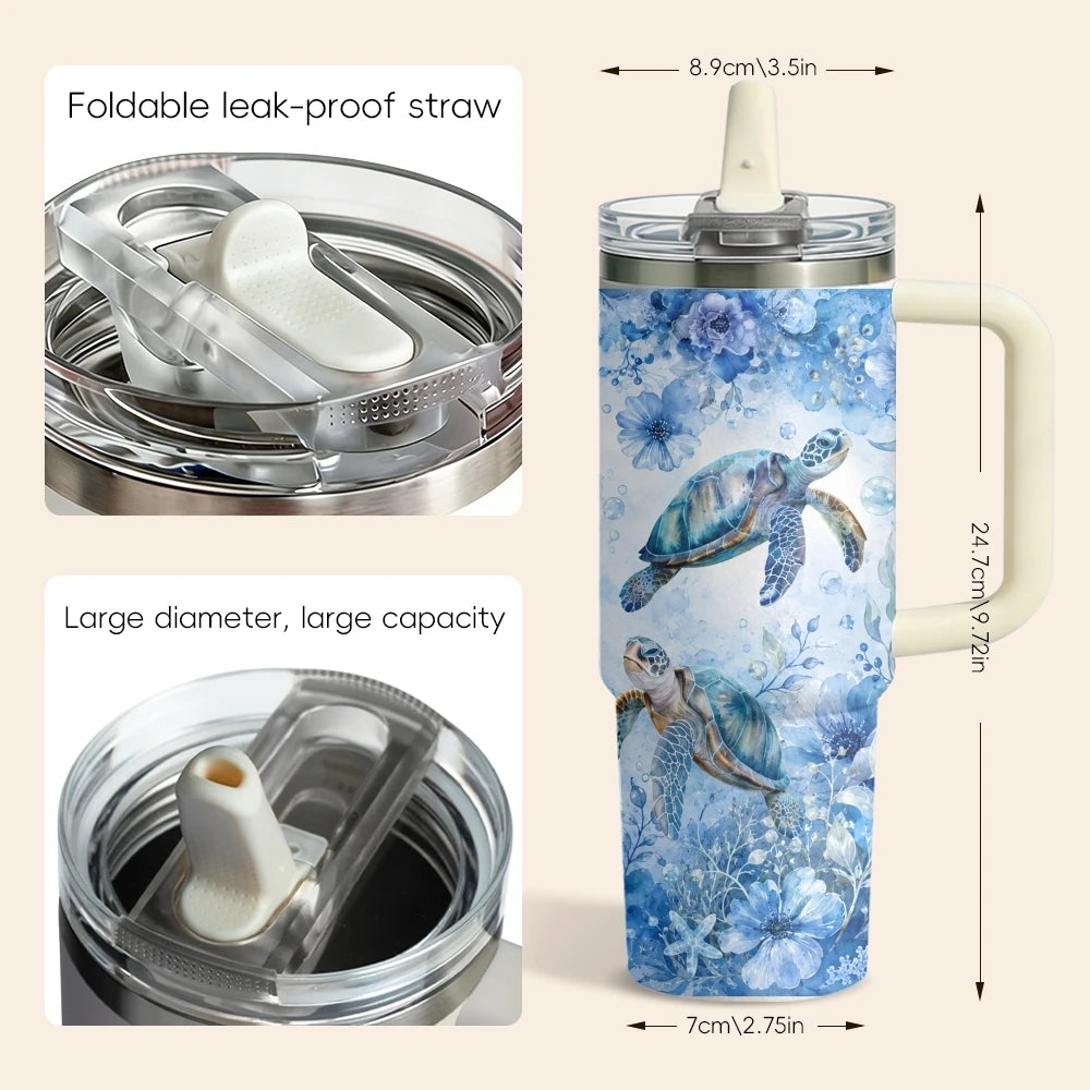Marine Animal Turtle Vacuum Flasks 40oz 3rd Gen Vacuum Insulated Stainless Steel Tumbler Cup with Handle Straw Lid for Gifts