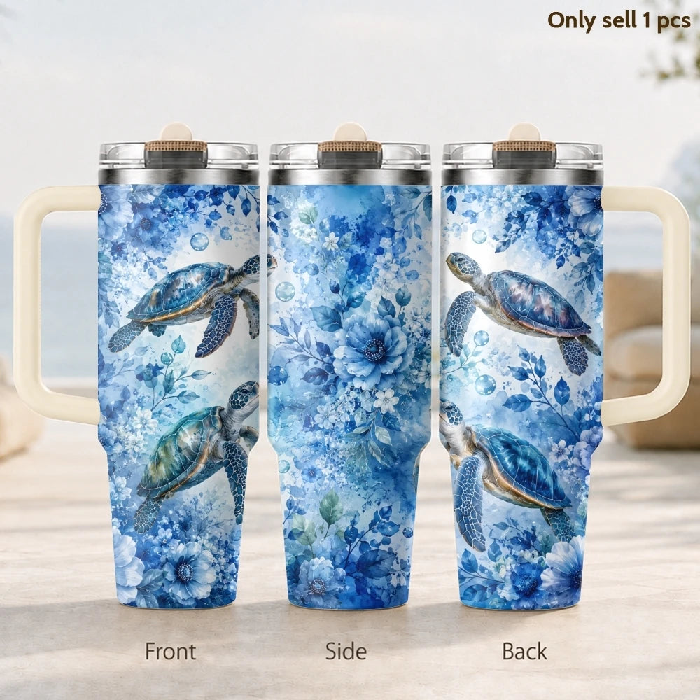 Marine Animal Turtle Vacuum Flasks 40oz 3rd Gen Vacuum Insulated Stainless Steel Tumbler Cup with Handle Straw Lid for Gifts