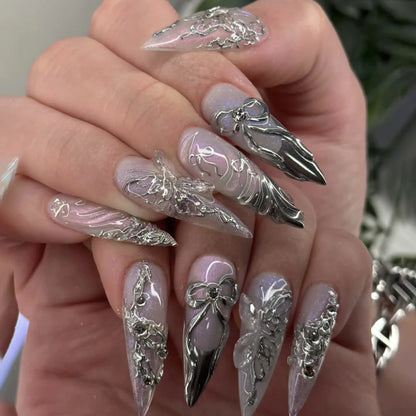 24Pc False Nails with Glue Almond Black Red Gradient Design Detachable Rhinestone Acrylic Fake Nail Long Stiletto Press on Nails
