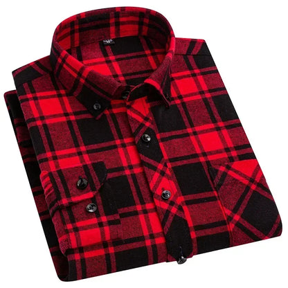 Autumn Thick Flannel Shirt Plaid Shirts Standard-Fit  For Men Long Sleeve Pure Cotton Fashion Single Patch Pocket Design Young