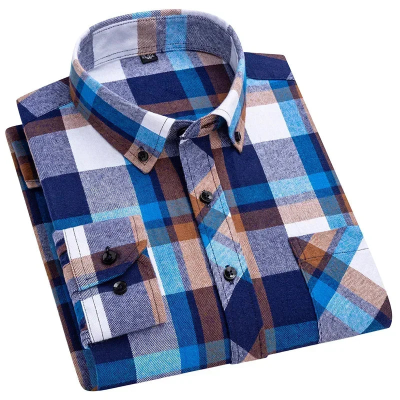 Autumn Thick Flannel Shirt Plaid Shirts Standard-Fit  For Men Long Sleeve Pure Cotton Fashion Single Patch Pocket Design Young