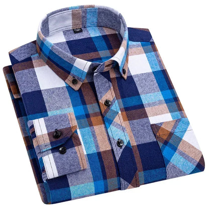 Autumn Thick Flannel Shirt Plaid Shirts Standard-Fit  For Men Long Sleeve Pure Cotton Fashion Single Patch Pocket Design Young