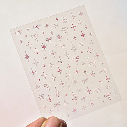 Thin and Tough Nails Sticker 3D Cute Pink Starry Sky Nail Art Stickers Long Bows Ribbon Self Adhesive Nail Decoration Decals DIY