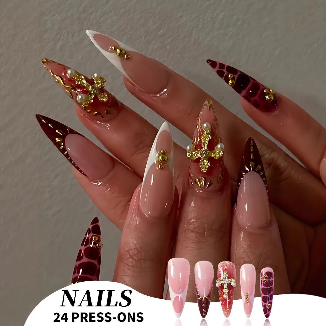 24Pc False Nails with Glue Almond Black Red Gradient Design Detachable Rhinestone Acrylic Fake Nail Long Stiletto Press on Nails