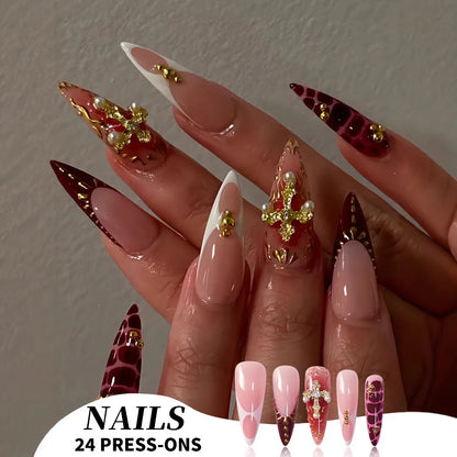 24Pc False Nails with Glue Almond Black Red Gradient Design Detachable Rhinestone Acrylic Fake Nail Long Stiletto Press on Nails