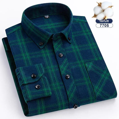 Autumn Thick Flannel Shirt Plaid Shirts Standard-Fit  For Men Long Sleeve Pure Cotton Fashion Single Patch Pocket Design Young