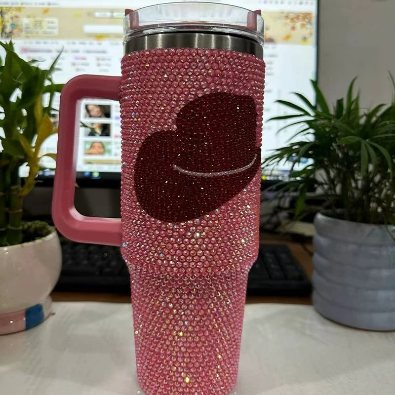 Diamond Bling Handle Cup Rhinestone Tumbler Vaccum Steel Stainless Bottle Thermal Insulation Kettle Coffee Mug Handcraft Gift
