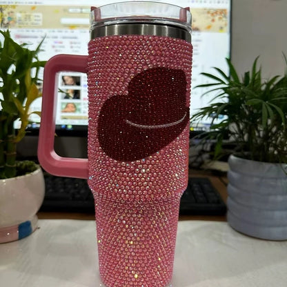 Diamond Bling Handle Cup Rhinestone Tumbler Vaccum Steel Stainless Bottle Thermal Insulation Kettle Coffee Mug Handcraft Gift