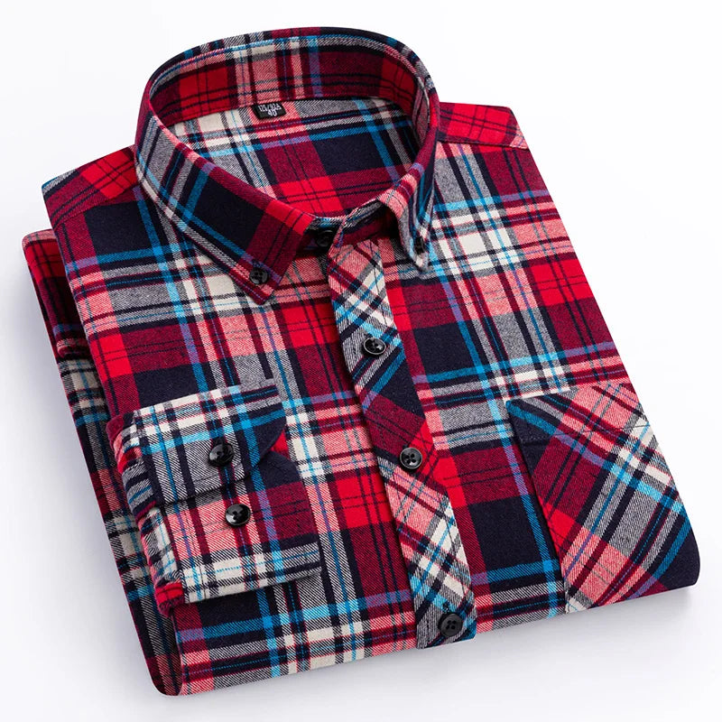Autumn Thick Flannel Shirt Plaid Shirts Standard-Fit  For Men Long Sleeve Pure Cotton Fashion Single Patch Pocket Design Young
