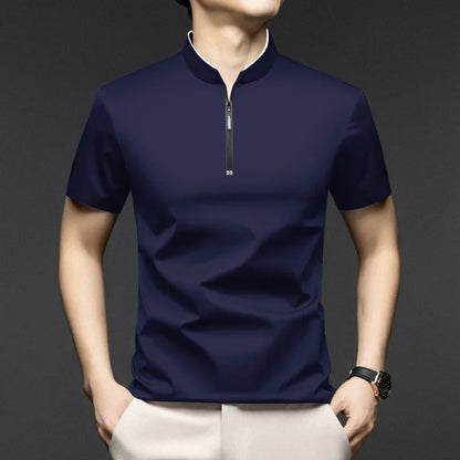 2025 New Men's Casual Fashion Zipper Solid Color Short Sleeved Polo Shirt Stand Up Collar Versatile Comfortable Top