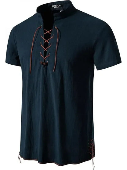 Men's Pure Cotton Retro Lace Up Shirts, Renaissance Pirate Viking Medieval Style, T-shirt for daily leisure and Halloween stage
