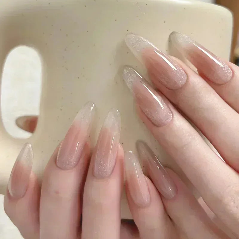 24Pc False Nails with Glue Almond Black Red Gradient Design Detachable Rhinestone Acrylic Fake Nail Long Stiletto Press on Nails