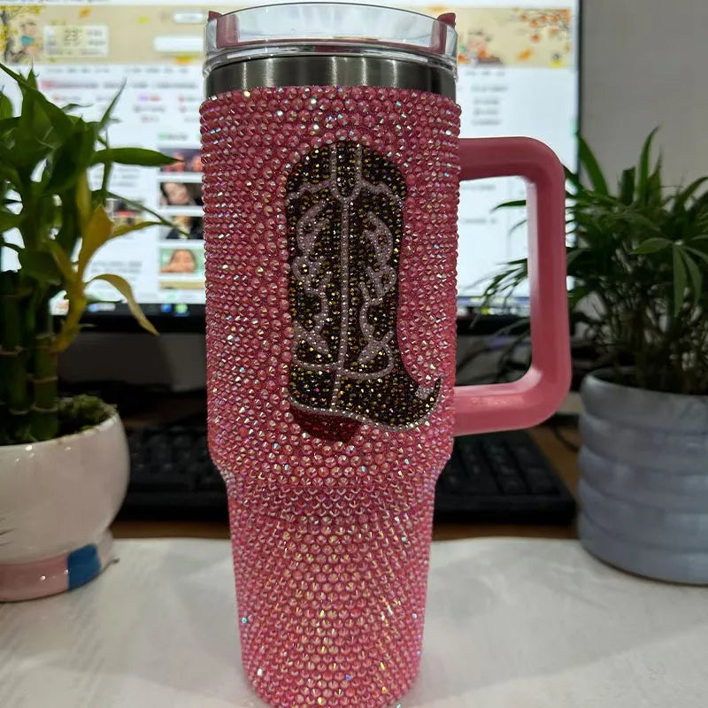 Diamond Bling Handle Cup Rhinestone Tumbler Vaccum Steel Stainless Bottle Thermal Insulation Kettle Coffee Mug Handcraft Gift