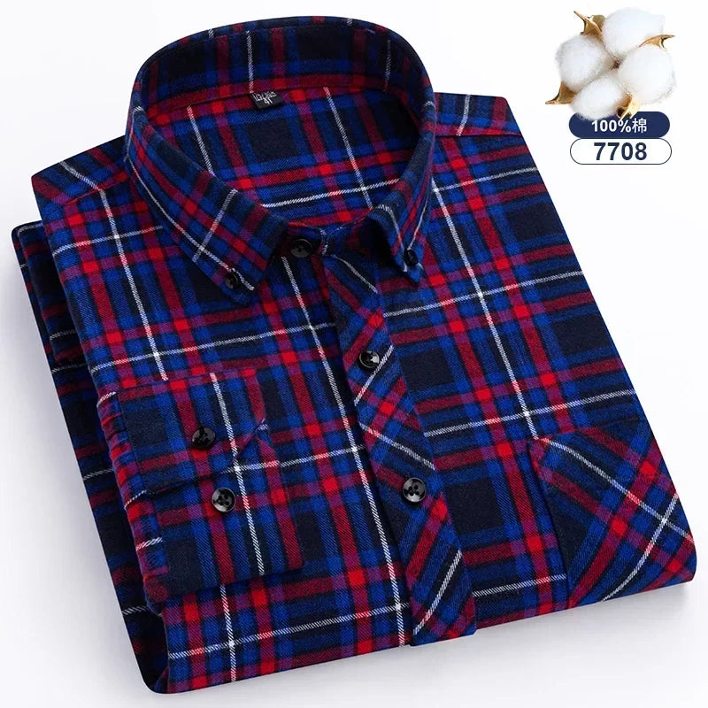 Autumn Thick Flannel Shirt Plaid Shirts Standard-Fit  For Men Long Sleeve Pure Cotton Fashion Single Patch Pocket Design Young