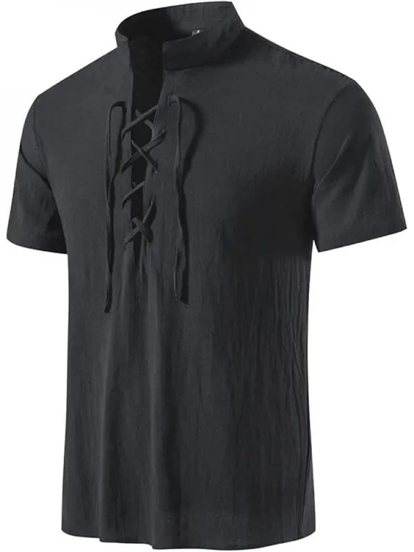 Men's Pure Cotton Retro Lace Up Shirts, Renaissance Pirate Viking Medieval Style, T-shirt for daily leisure and Halloween stage