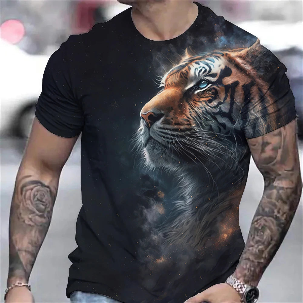 Tiger Print T-Shirt 3D Animal Men's Shirts Summer Short Sleeved Male Pullover Oversized T-shirts Casual Tops Tees Men Clothing