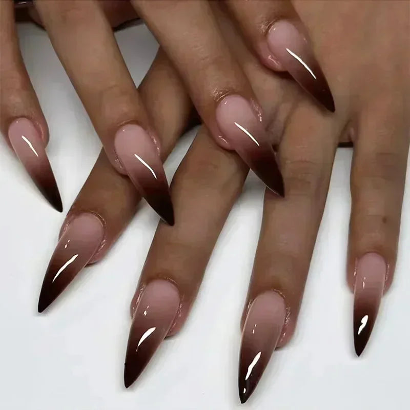 24Pc False Nails with Glue Almond Black Red Gradient Design Detachable Rhinestone Acrylic Fake Nail Long Stiletto Press on Nails