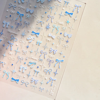 Thin and Tough Nails Sticker 3D Cute Pink Starry Sky Nail Art Stickers Long Bows Ribbon Self Adhesive Nail Decoration Decals DIY